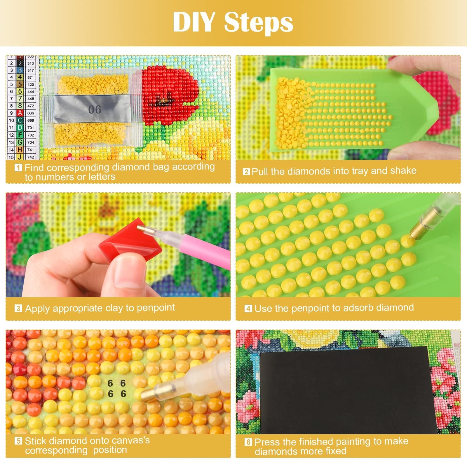 Diamond painting DIY steps showing sorting diamonds, using a penpoint with clay, and sticking diamonds onto canvas.