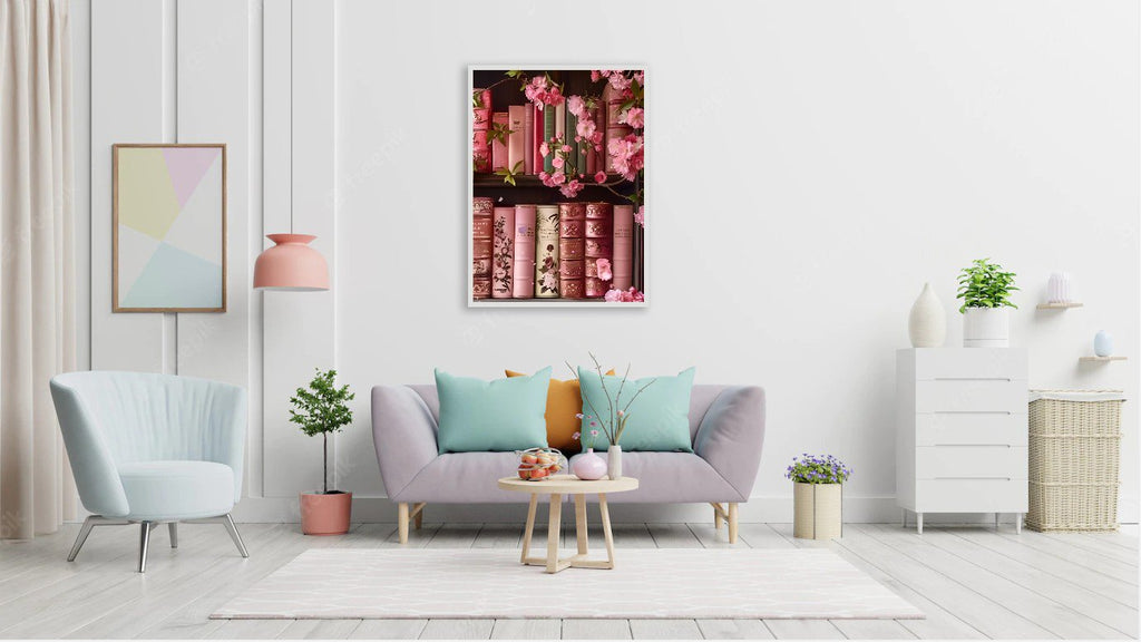 Living room scene with a framed diamond painting of pink books and flowers on a shelf above a sofa.