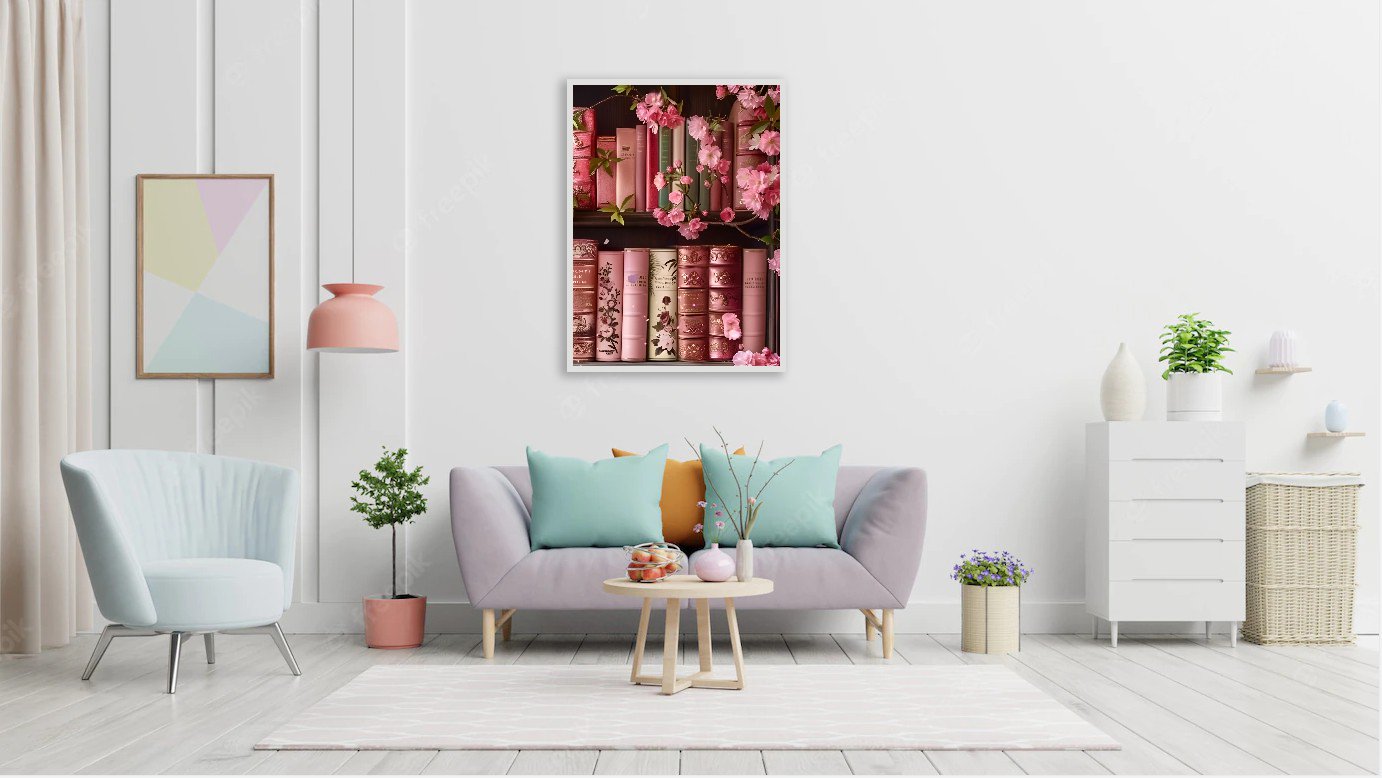 Living room scene with a framed diamond painting of pink books and flowers on a shelf above a sofa.