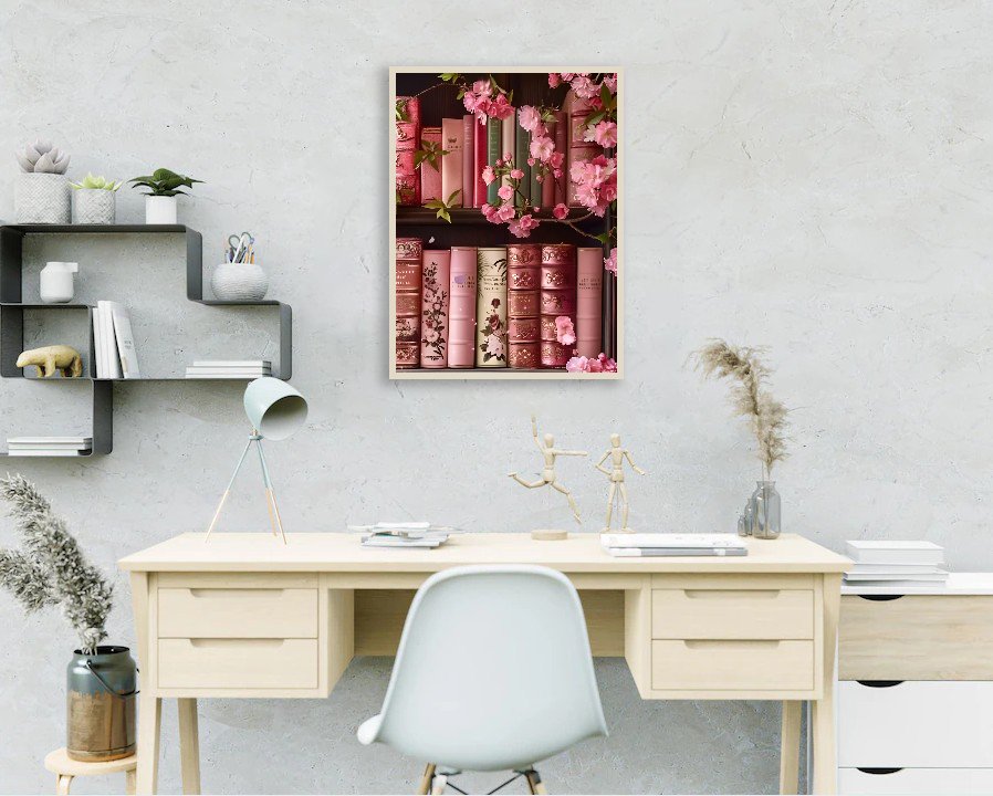 Diamond painting kit featuring a bookshelf with pink books and cherry blossoms, displayed in a home office setting.