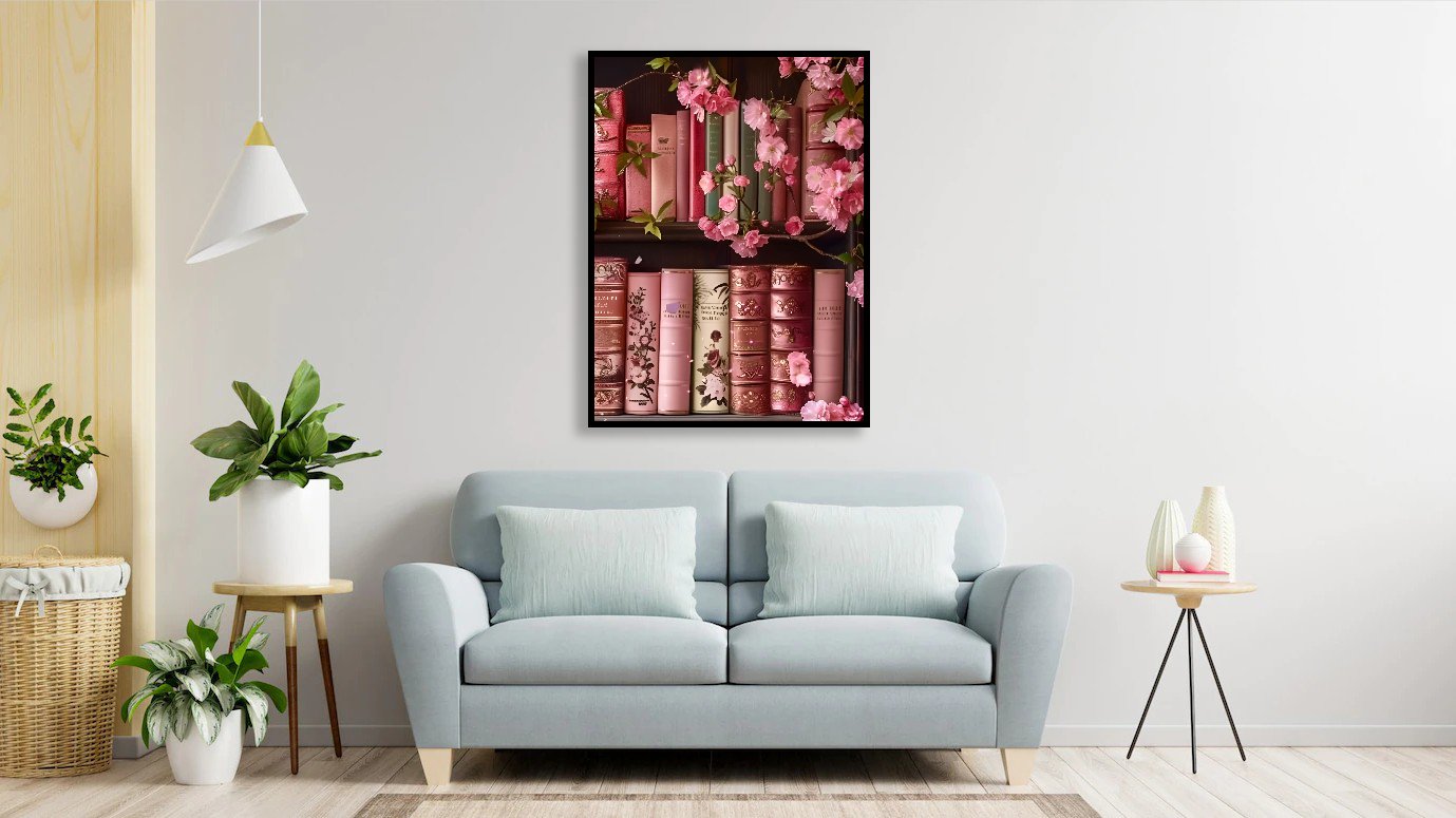 Bookshelf with pink flowers and decorative books, displayed in a living room setting with a sofa.
