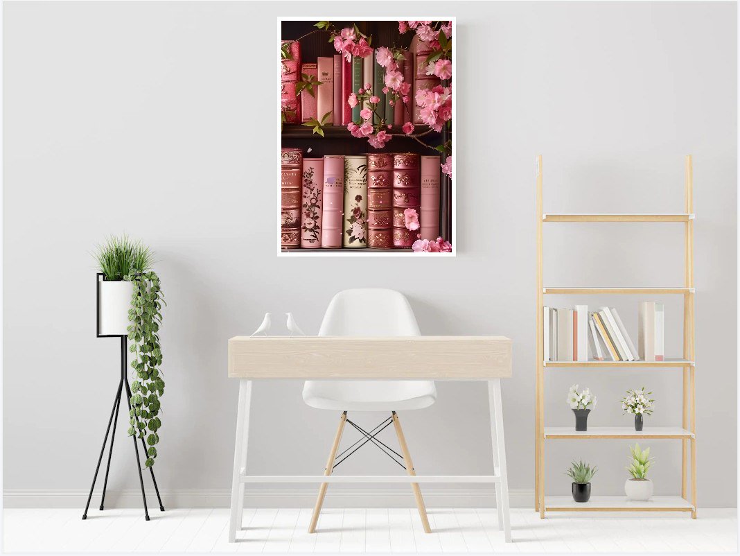 Bookshelf with pink flowers and decorative books, set in a home office scene with a desk and shelving unit.