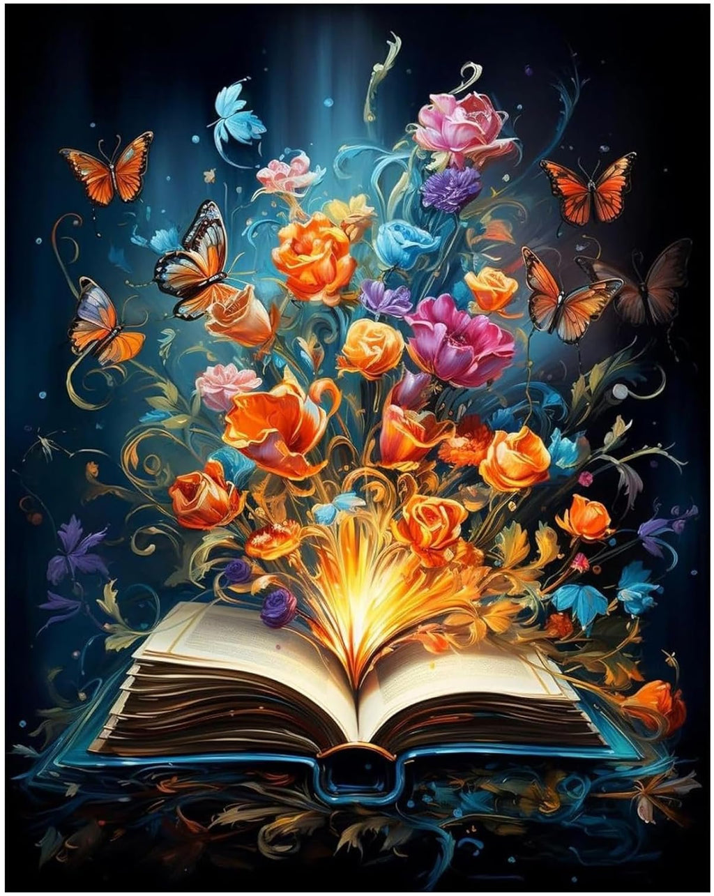 Open book with colorful flowers and butterflies emerging from pages, dark background
