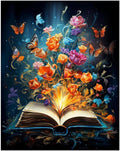 Open book with colorful flowers and butterflies emerging from pages, dark background
