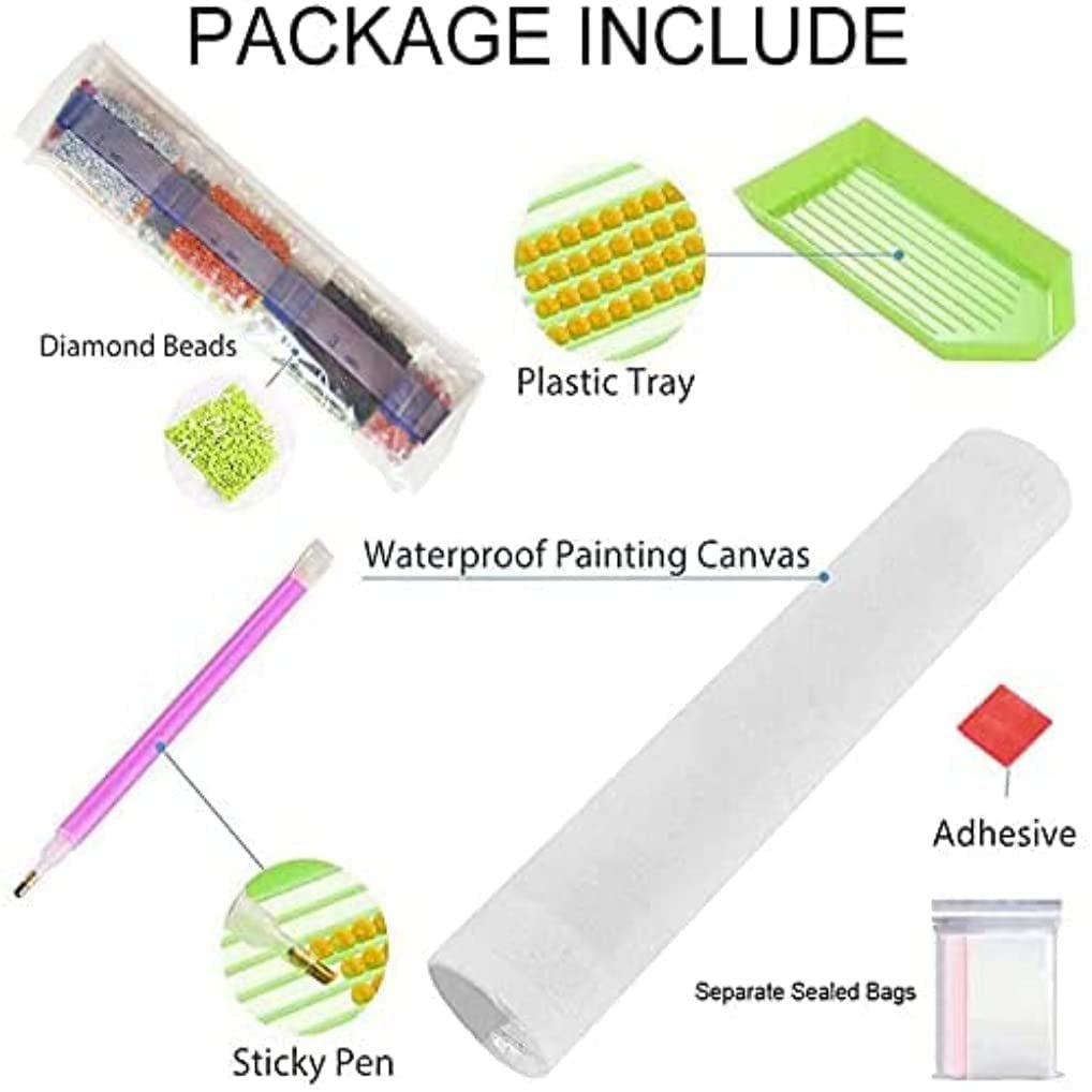 Diamond painting kit contents laid out: diamond beads, plastic tray, waterproof canvas, sticky pen, adhesive, and sealed bags.