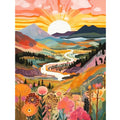 Colorful landscape diamond painting kit with sunrise over mountains and river, featuring flowers in foreground.