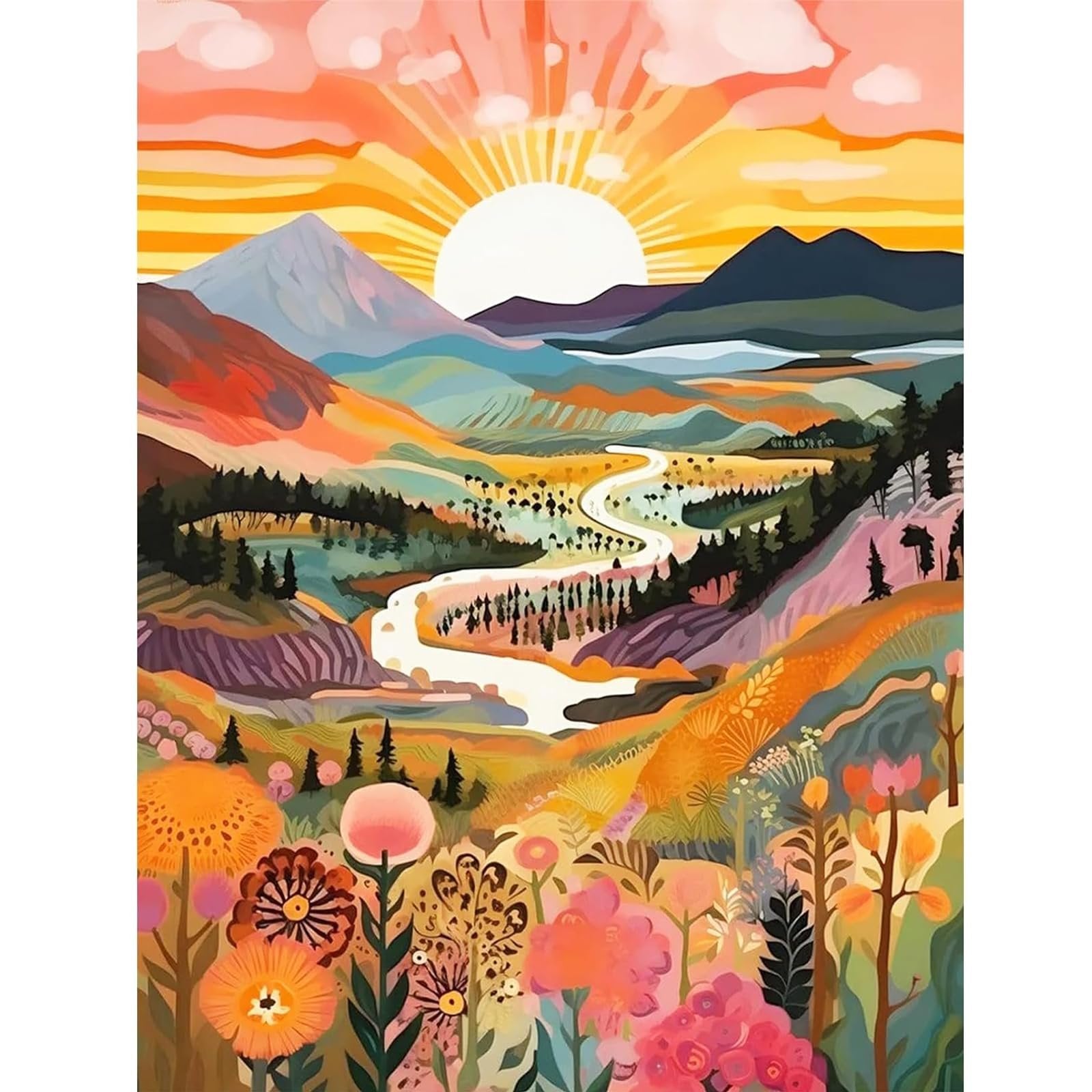 Colorful landscape diamond painting kit with sunrise over mountains and river, featuring flowers in foreground.
