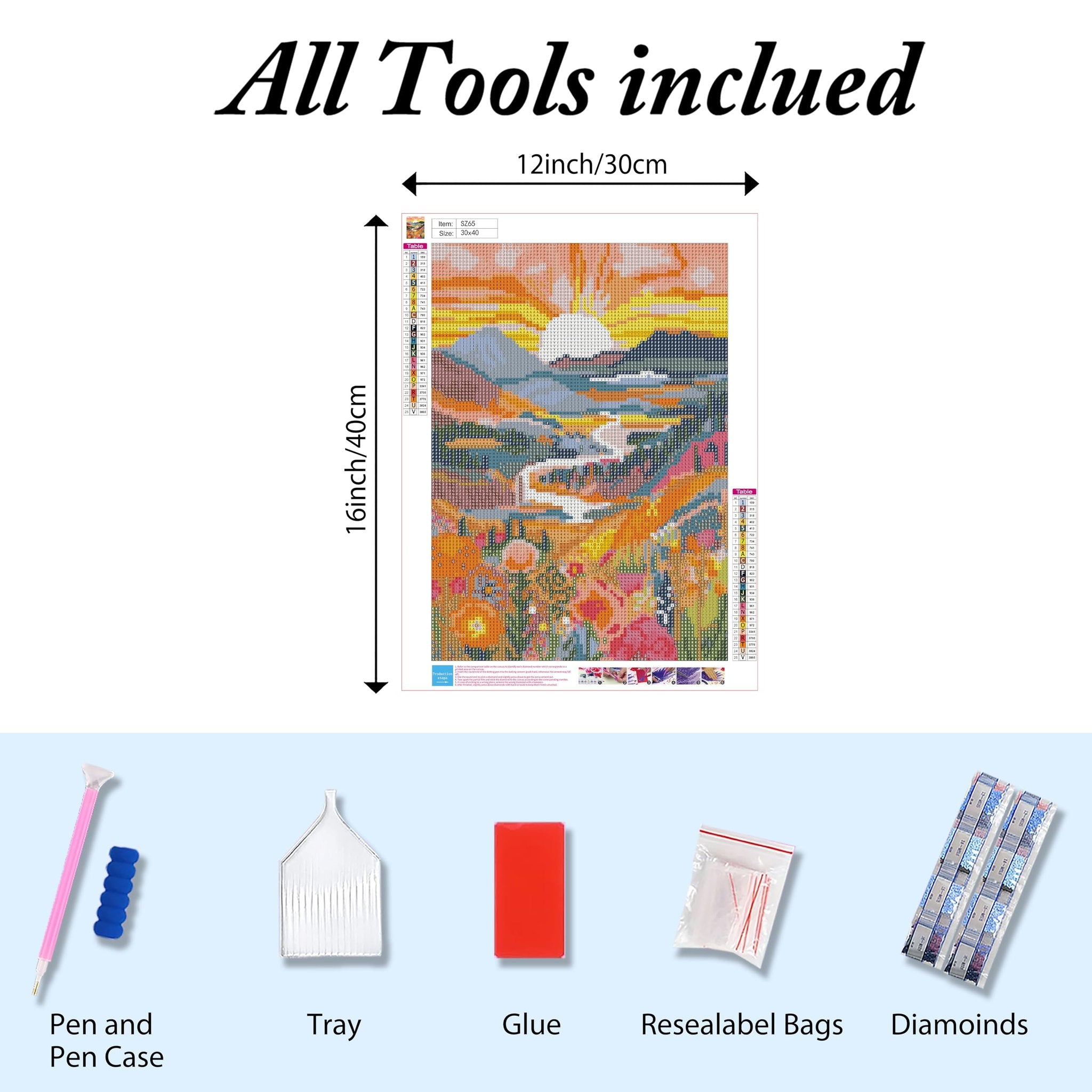 Diamond painting kit contents including pen, tray, glue, resealable bags, and diamond beads, with a 12x16 inch sunrise landscape canvas.