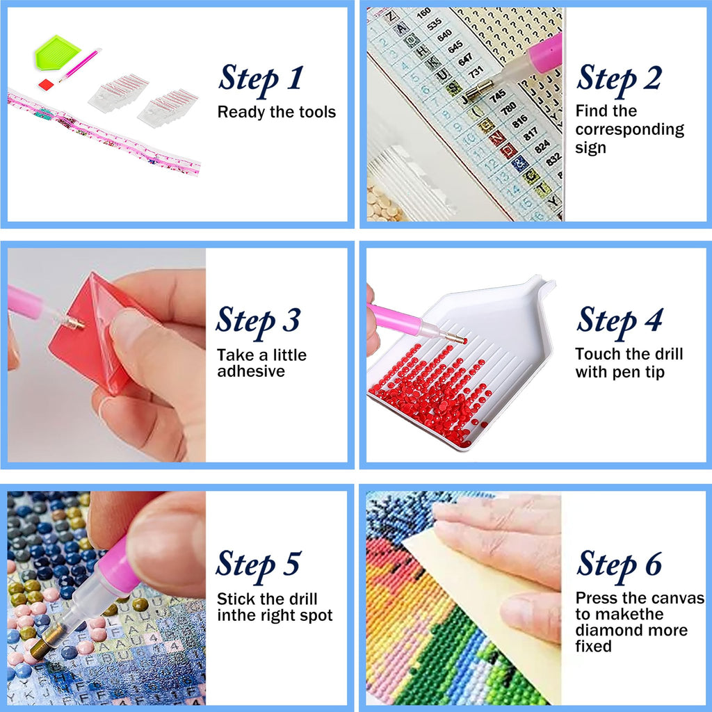 Diamond painting kit instructions showing six steps: preparing tools, finding symbols, applying adhesive, picking up drills, placing drills, and fixing the canvas.