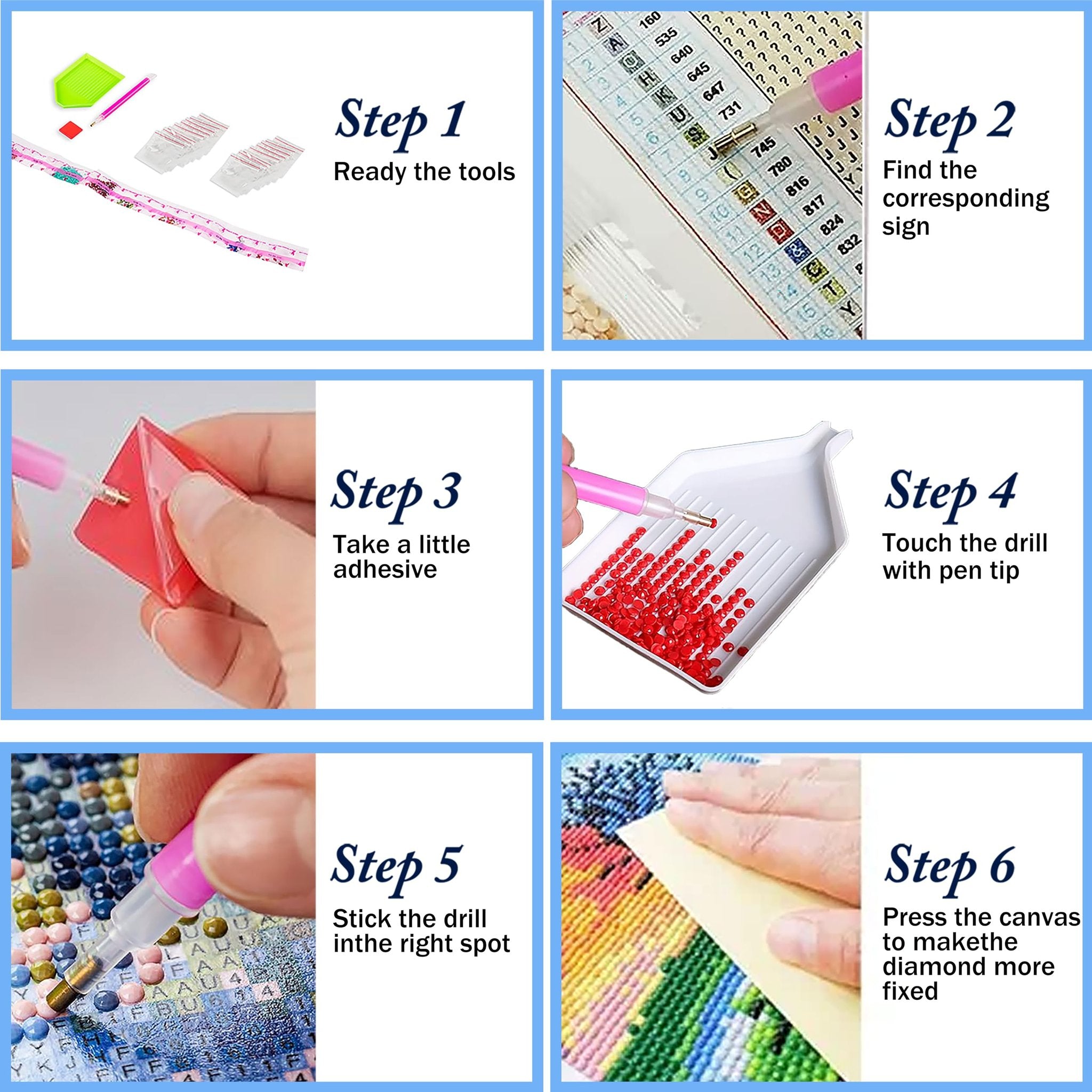 Diamond painting kit instructions showing six steps: preparing tools, finding symbols, applying adhesive, picking up drills, placing drills, and fixing the canvas.