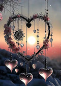 Heart-shaped dream catcher with hanging crystals and flowers against a sunset sky