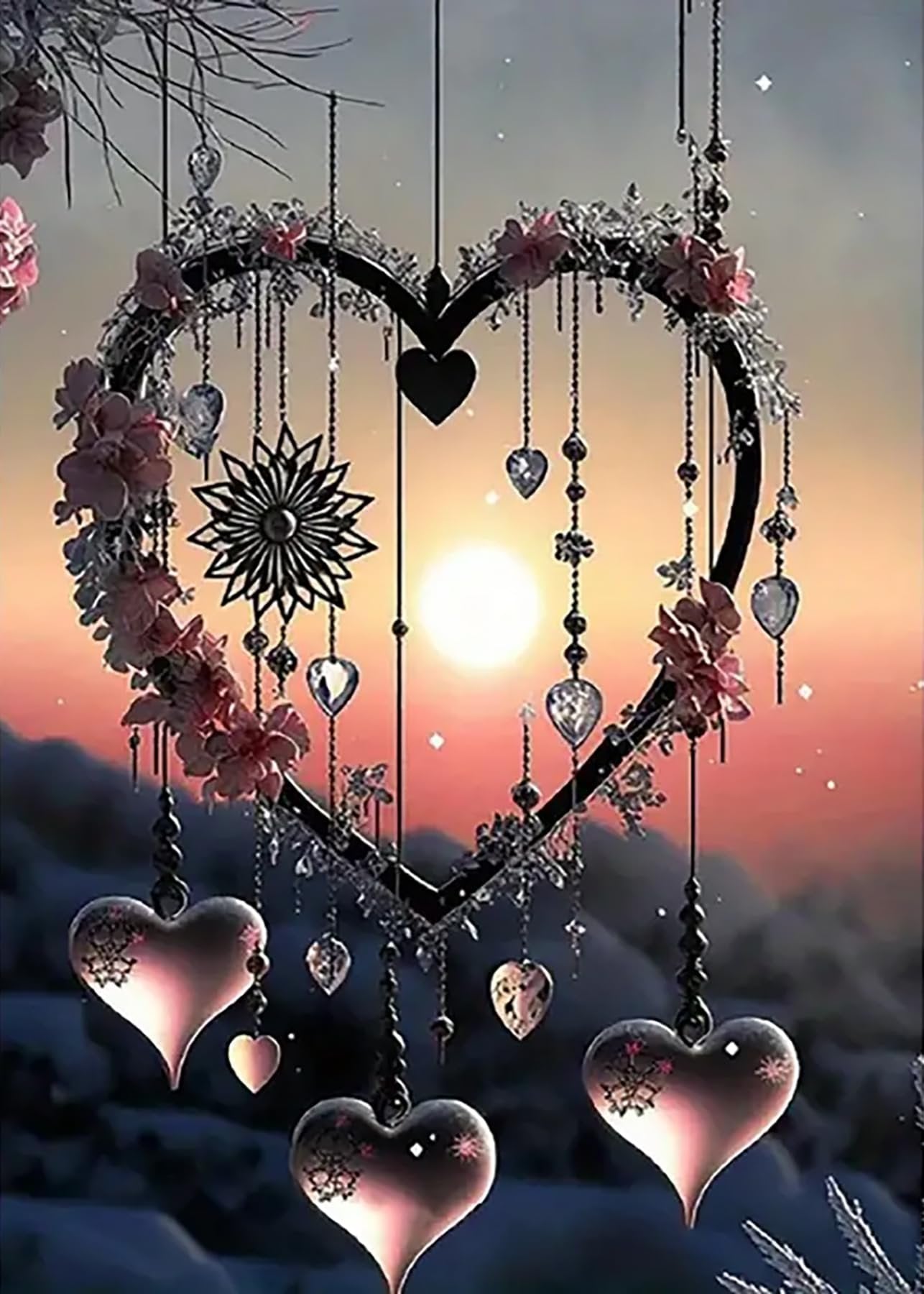 Heart-shaped dream catcher with hanging crystals and flowers against a sunset sky