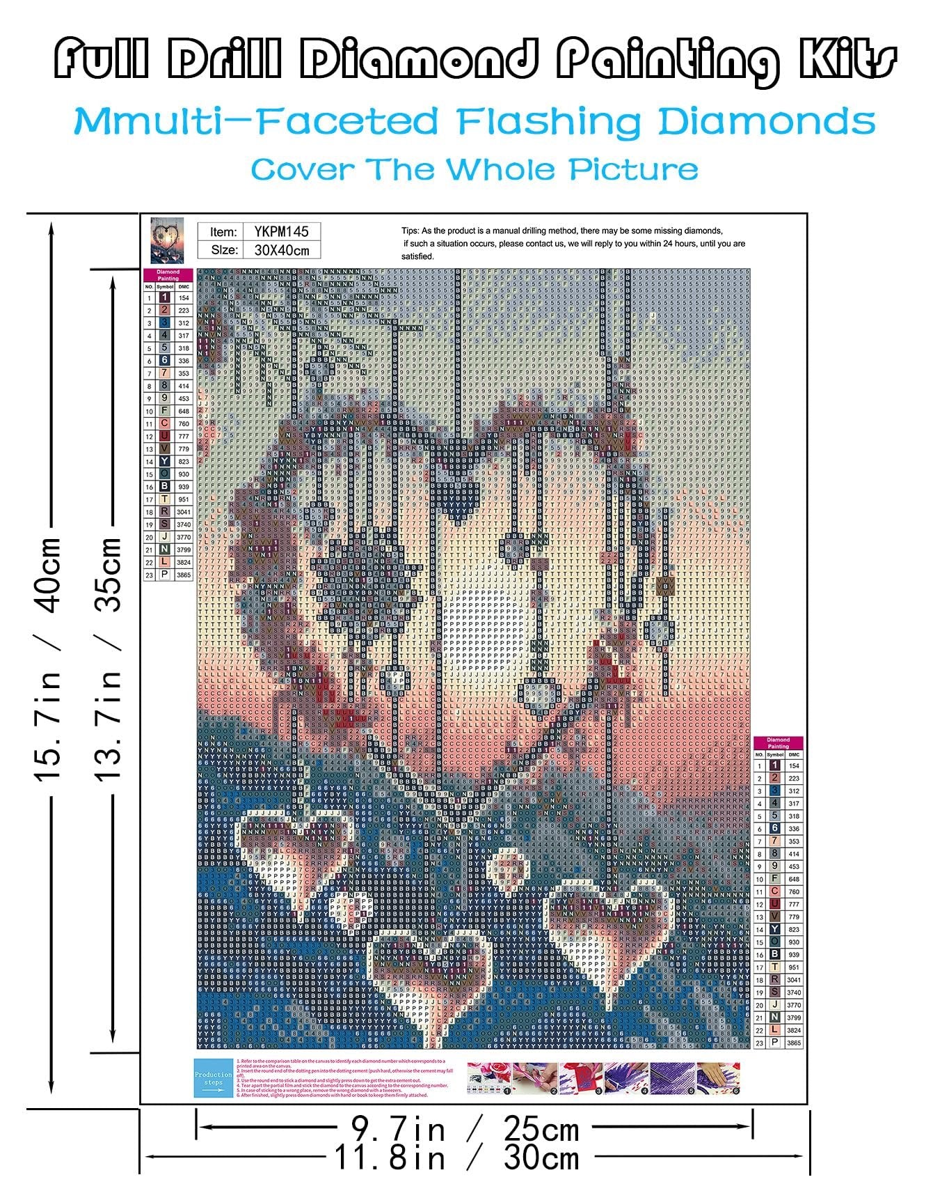 Diamond painting kit showing a love heart dream catcher design with hanging charms, includes color chart and instructions.