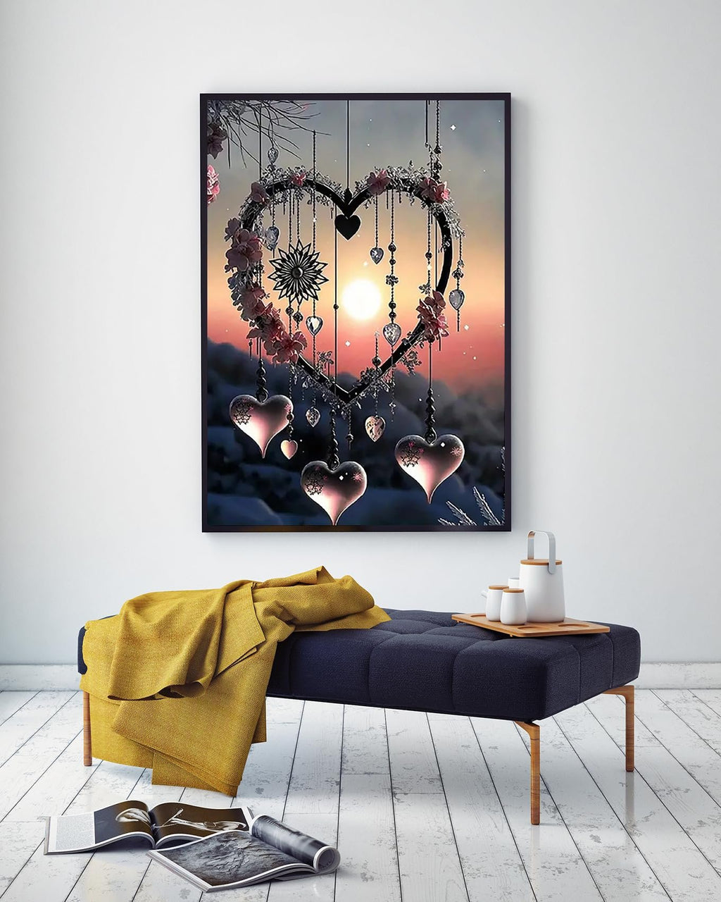 Framed heart-shaped dream catcher diamond painting art with hanging hearts and flowers, displayed above a bench.
