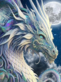 Close-up of a white and iridescent dragon's head against a starry night sky with a full moon.