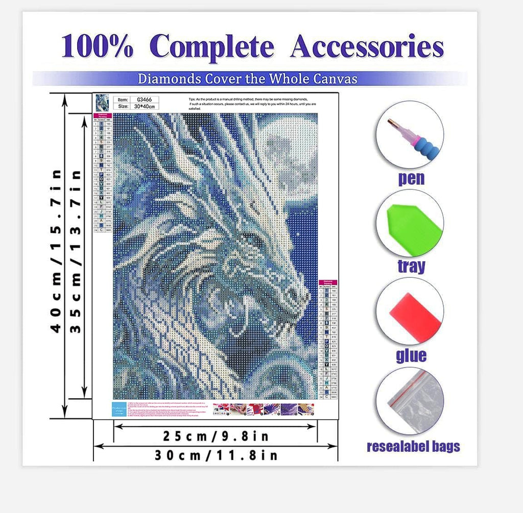 Diamond painting kit with dragon design, showing canvas, drill colors, and accessories like pen, tray, and glue.