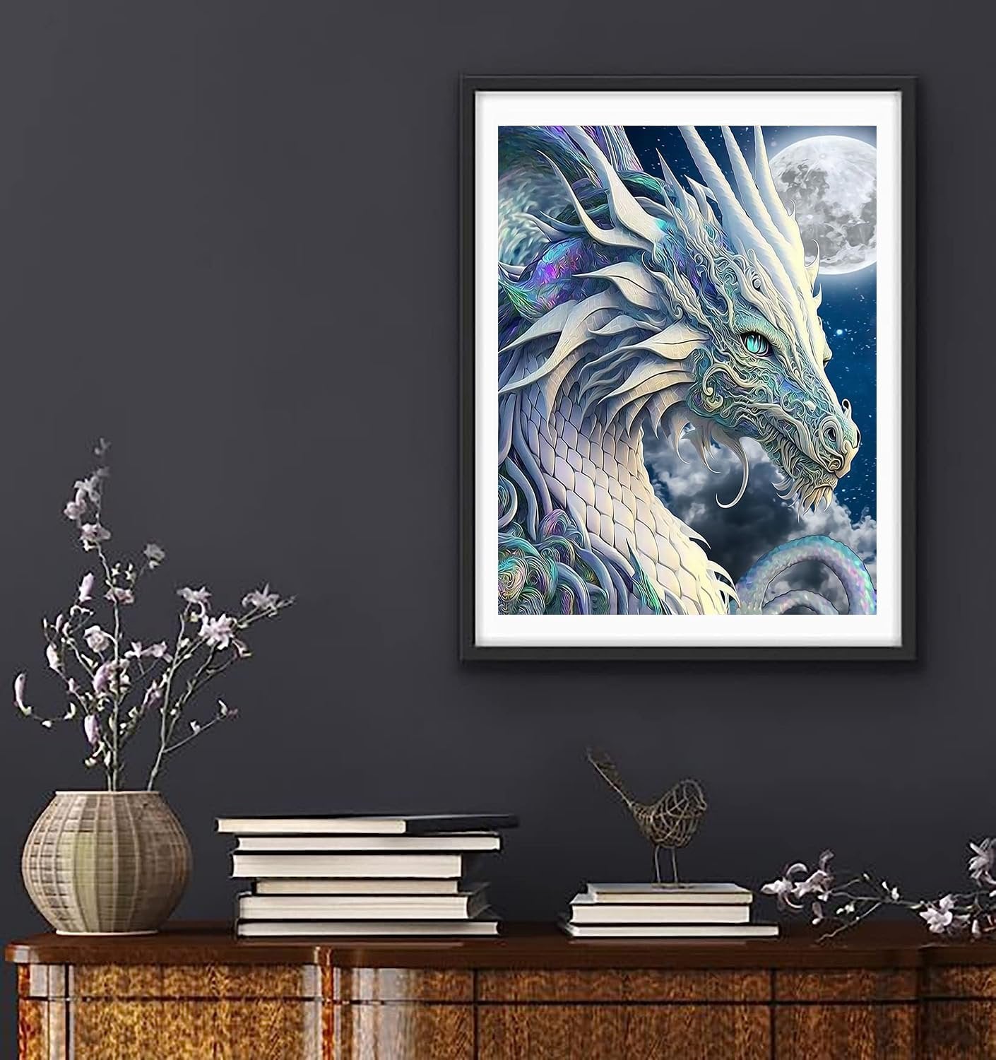 Framed diamond painting of a white dragon with blue eyes against a moonlit sky