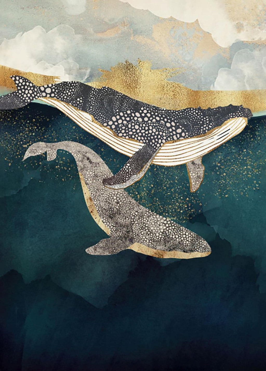 Abstract art with two whales swimming in dark blue water with golden accents and cloudy sky above.