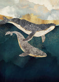 Abstract art with two whales swimming in dark blue water with golden accents and cloudy sky above.