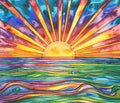 Colorful abstract sunrise over wavy ocean watercolor painting. Sun rays burst from the horizon, with vibrant blues, purples, oranges, and yellows.
