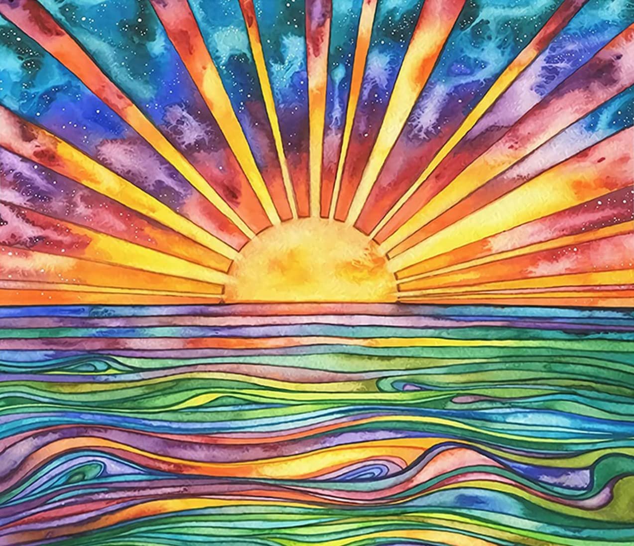 Colorful abstract sunrise over wavy ocean watercolor painting. Sun rays burst from the horizon, with vibrant blues, purples, oranges, and yellows.