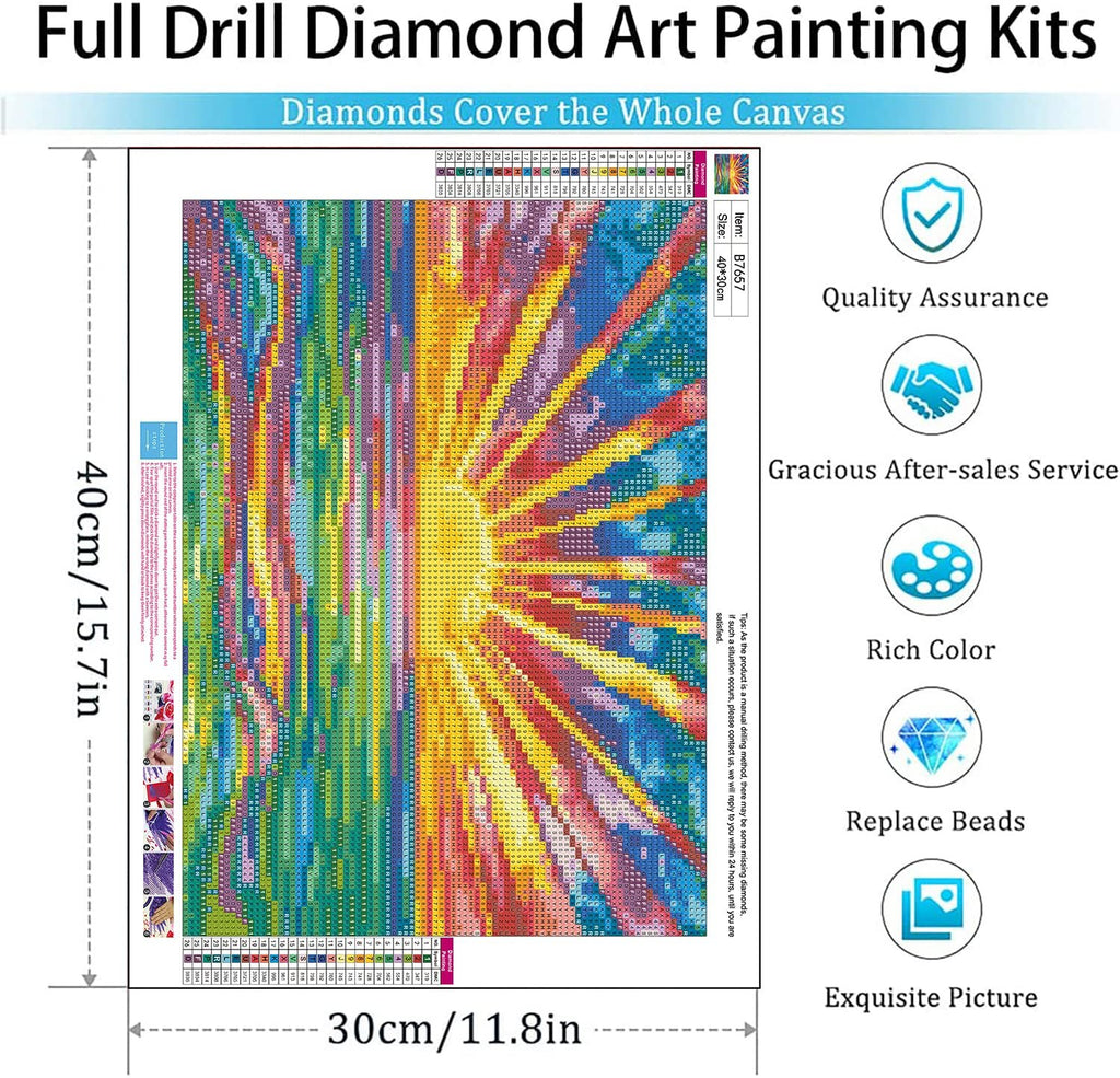 Diamond painting kit canvas showing a sunrise with 40cm/15.7in and 30cm/11.8in dimensions indicated.