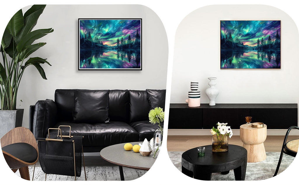 Diamond painting of a starry sky aurora borealis over a forest and lake, displayed in a modern living room setting.