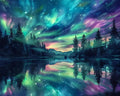 Diamond painting kit featuring a starry night sky with aurora borealis over a reflective lake and pine trees.