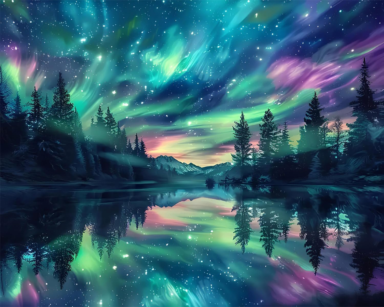 Diamond painting kit featuring a starry night sky with aurora borealis over a reflective lake and pine trees.