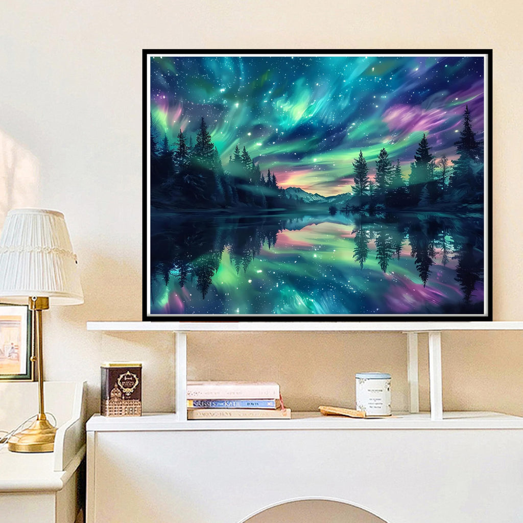 Framed diamond painting kit depicting a starry night sky with aurora borealis over a forest and lake, displayed on a shelf.