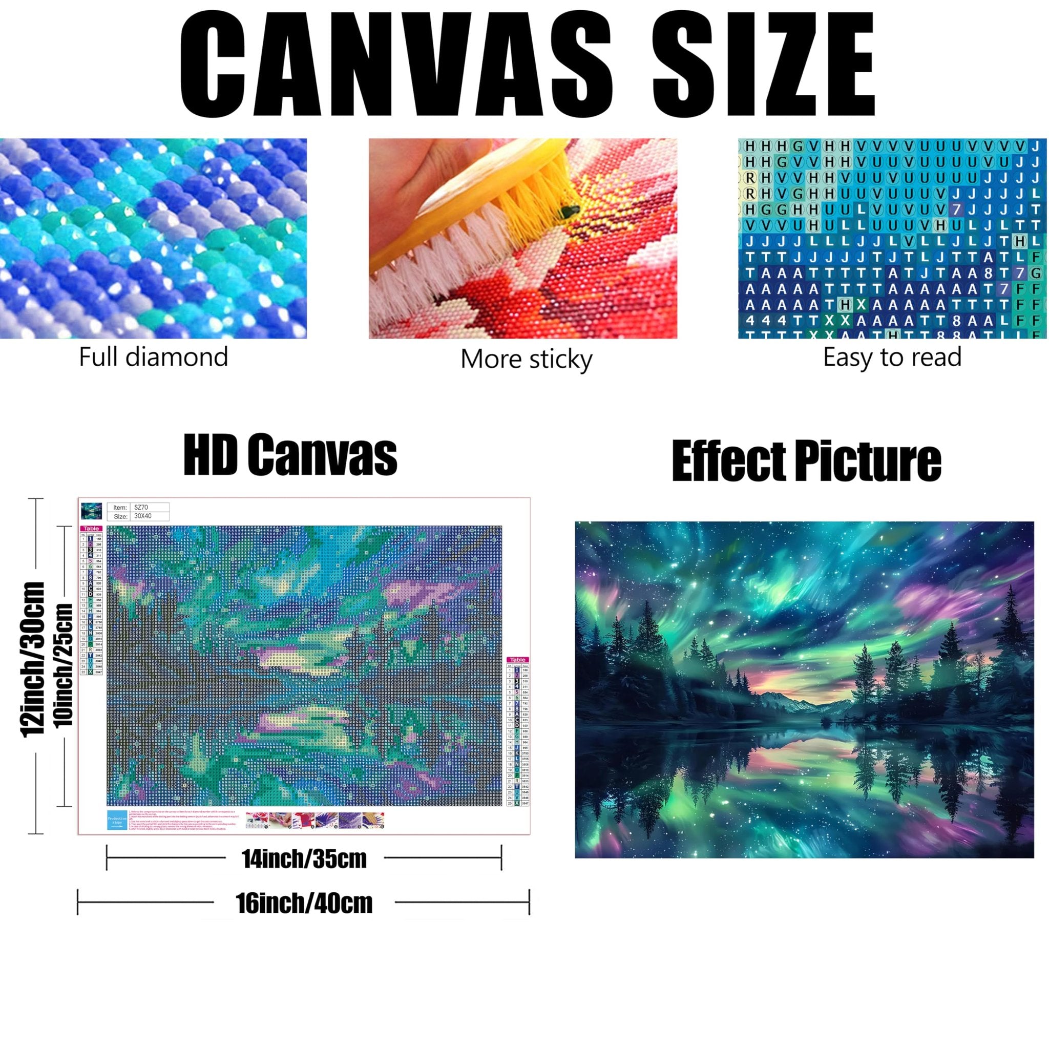 Diamond painting kit showing close-ups of diamonds, a brush, a symbol chart, and the finished starry sky landscape.