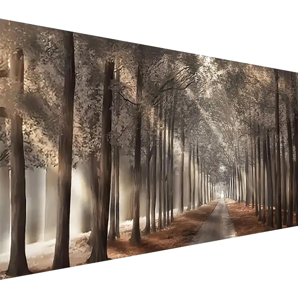 Diamond painting canvas showing a sunlit path through a forest with tall trees and fallen leaves.