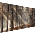 Diamond painting canvas showing a sunlit path through a forest with tall trees and fallen leaves.