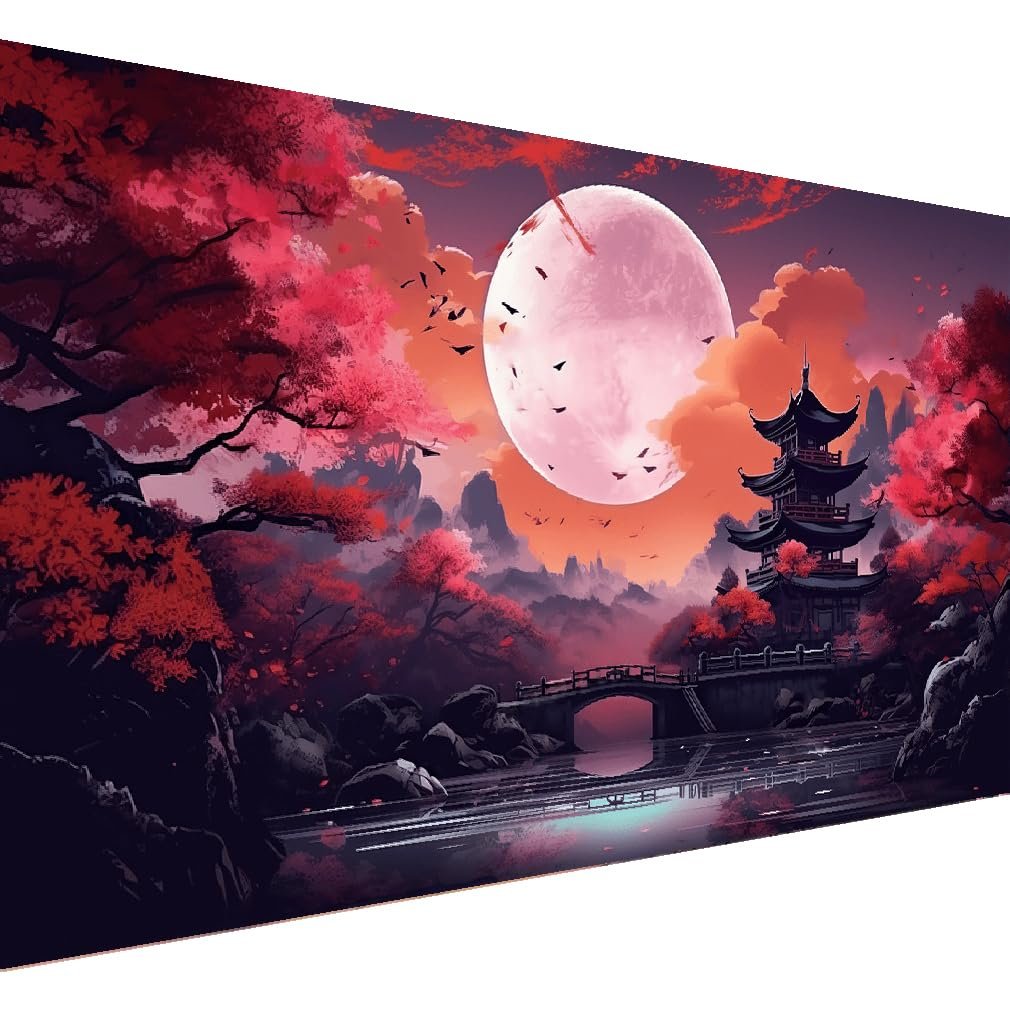 Japanese pagoda and cherry blossom trees under a large moon with a bridge over a river
