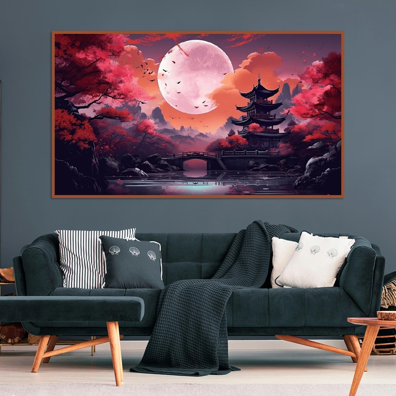 Diamond painting of a Japanese pagoda and bridge under a large pink moon with red trees and birds