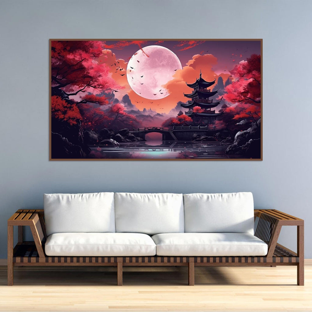 Diamond painting of a Japanese pagoda and bridge under a large pink moon with red trees and birds