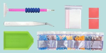 Diamond painting kit accessories including a drill pen, tweezers, green tray, small bags, and bags of colorful beads.