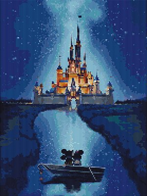 Diamond painting of a castle reflected in water with two mice in a boat