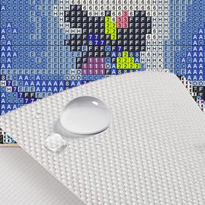Diamond painting canvas with a water droplet, showing numbered color codes and symbols.