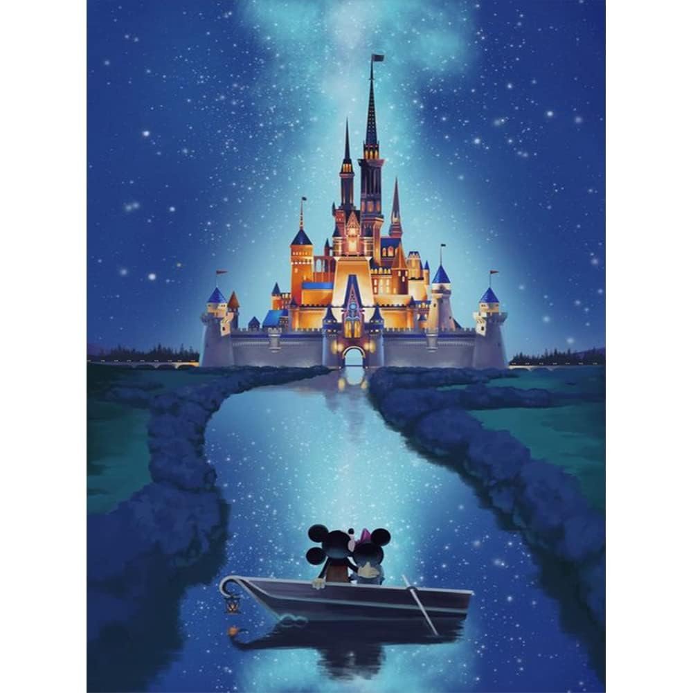 Diamond painting canvas showing a castle with two mice in a boat on a starry night sky.