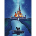 Diamond painting canvas showing a castle with two mice in a boat on a starry night sky.