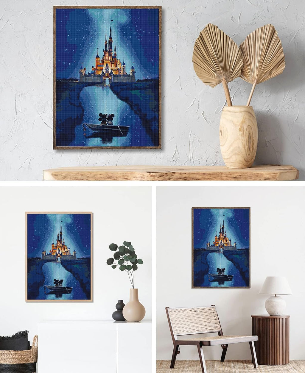 Diamond painting of a castle with two figures in a boat on a river at night, framed and displayed in a room setting.