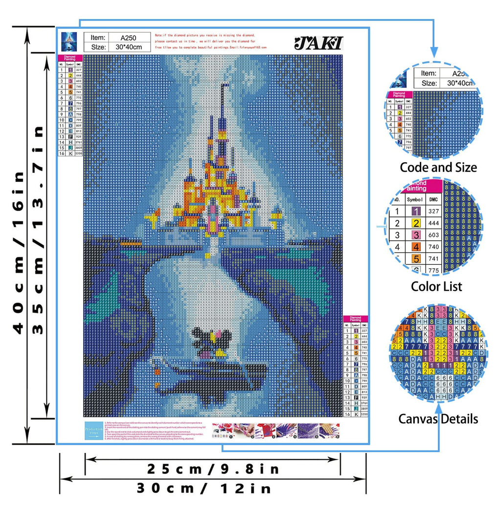 Diamond painting canvas showing a castle with a blue sky and a path, with color and symbol key charts on the side.