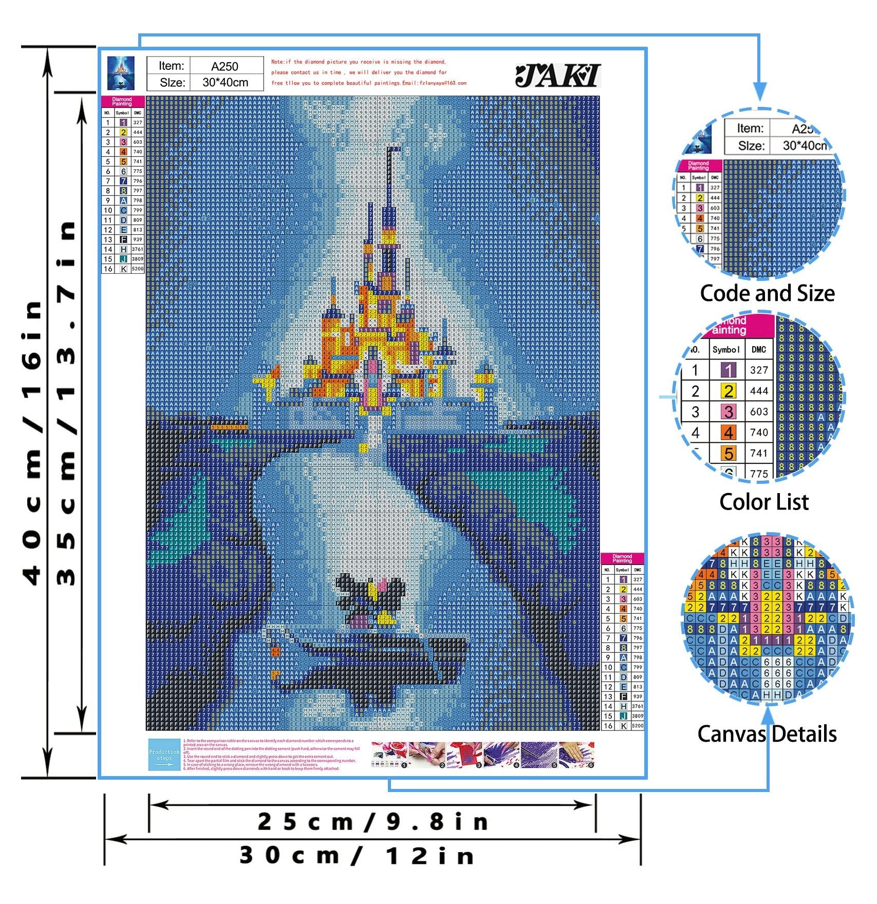 Diamond painting canvas showing a castle with a blue sky and a path, with color and symbol key charts on the side.