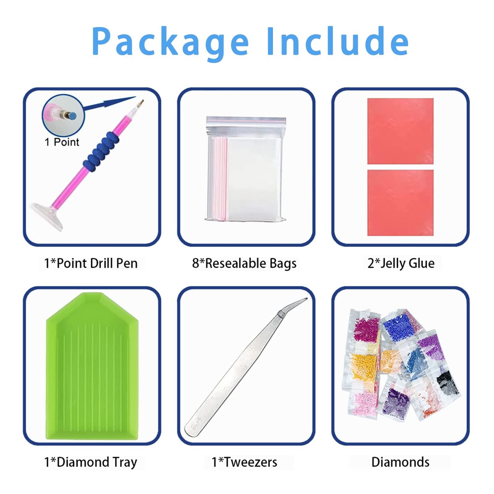 Diamond painting kit contents laid out in a grid: drill pen, resealable bags, jelly glue, diamond tray, tweezers, and diamond beads.