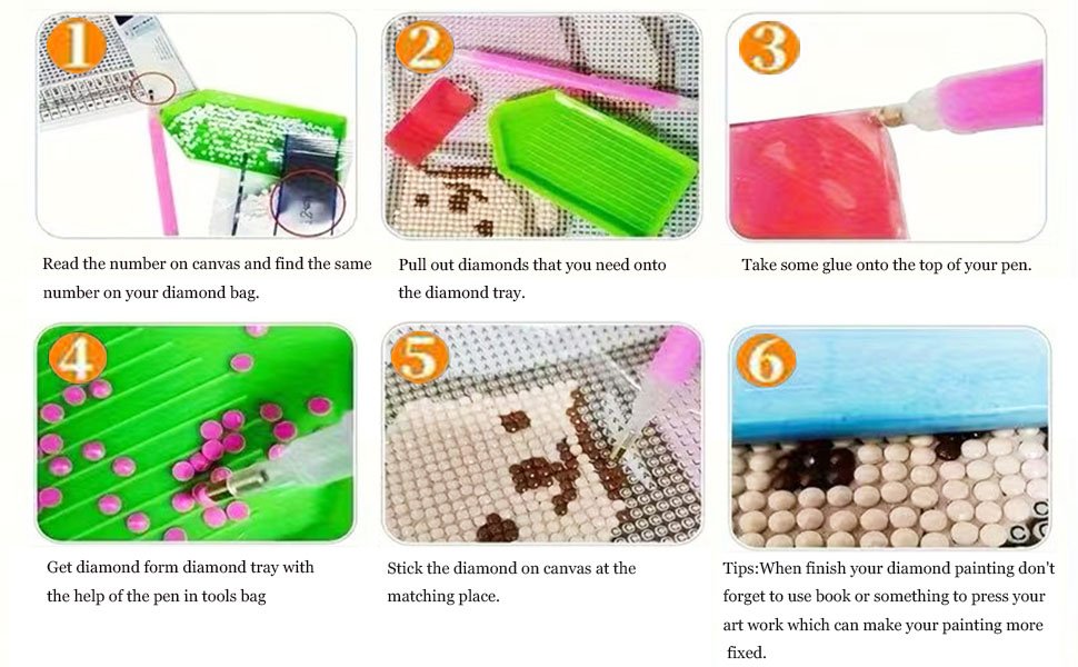 Diamond painting instructions showing 6 steps: reading numbers, sorting diamonds, applying glue, filling tray, sticking diamonds, and pressing finished art.