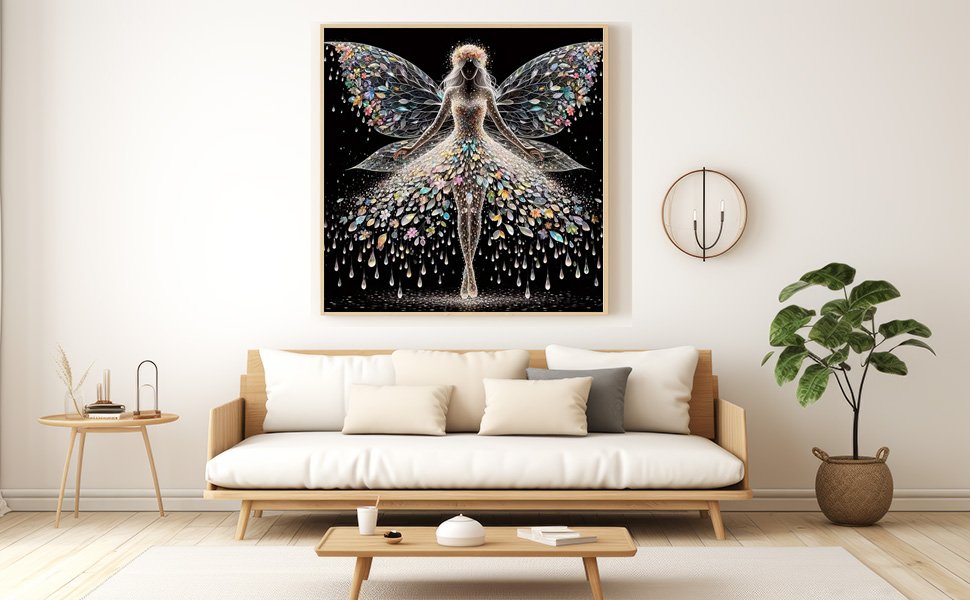 Diamond painting of a fairy with colourful wings and dress, displayed in a living room setting.