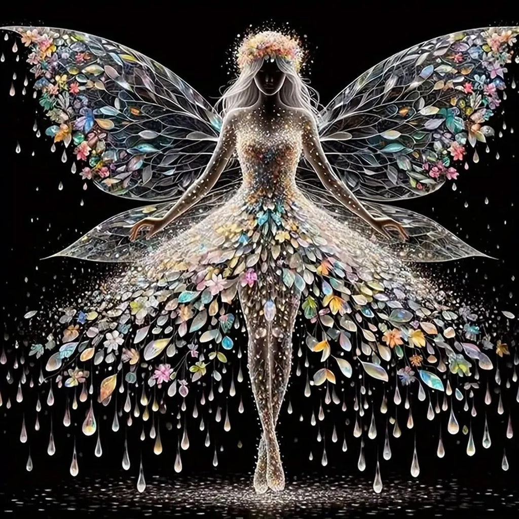 Diamond painting kit design of a fairy with colourful wings and dress, against a black background.