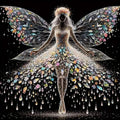 Diamond painting kit design of a fairy with colourful wings and dress, against a black background.