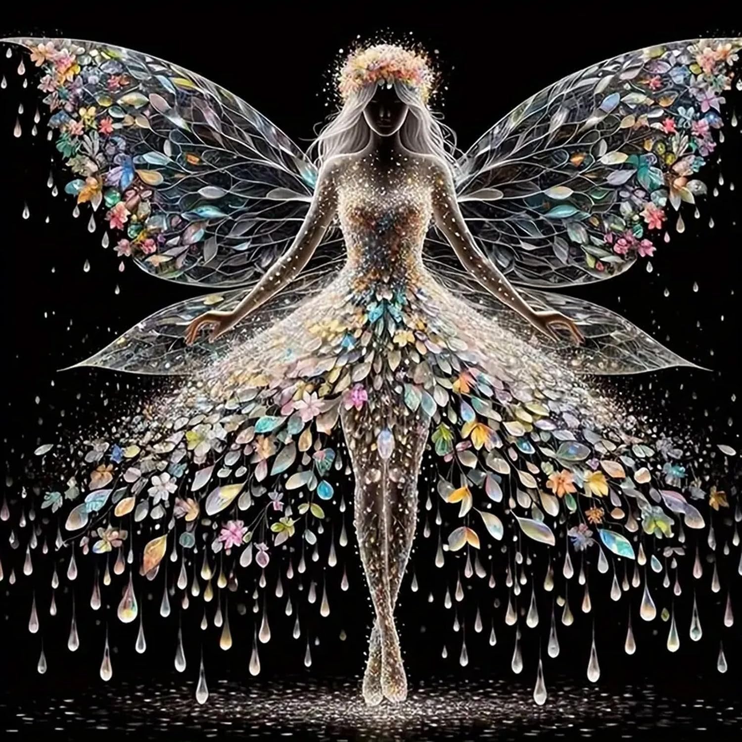 Diamond painting kit design of a fairy with colourful wings and dress, against a black background.
